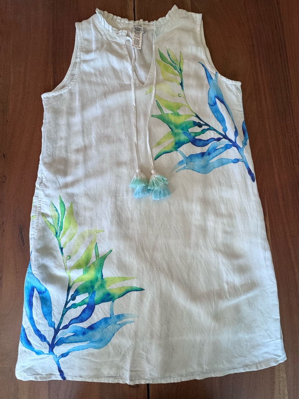 Tommy Bahama Linen Blend Tropical Shift Dress White Tassel Sleeveless S Fits M